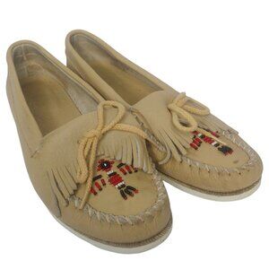 Quoddy Loafers Women 8.5 M Beaded Thunderbird Shoes Fringe Tan Slip On Native